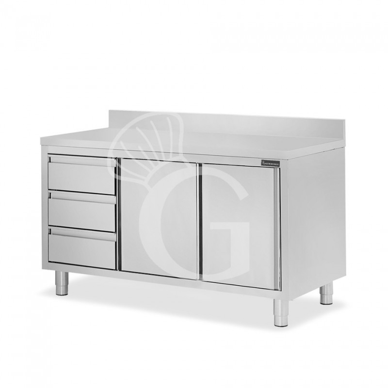 Schranktisch aus Edelstahl 2 Schiebetüren 3 Schubladen links Aufsatz B 1700 mm x T 700 mm x H 950 mm