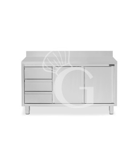 Schranktisch aus Edelstahl 2 Schiebetüren 3 Schubladen links Aufsaz B 1700 mm x T 600 mm x H 950 mm
