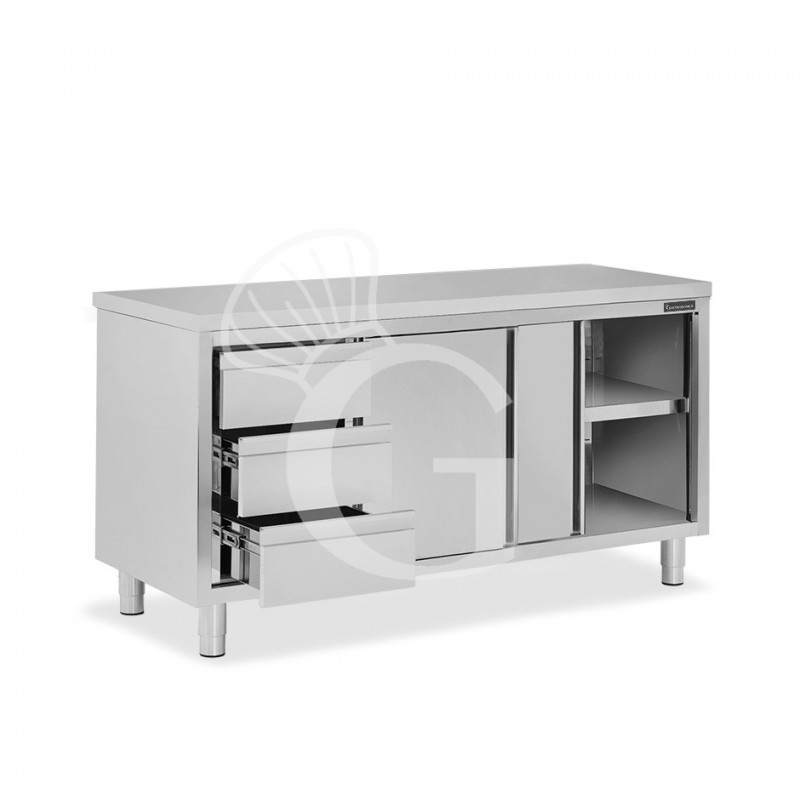 Schranktisch aus Edelstahl 2 Schiebetüren 3 Schubladen links B 1700 mm x T 700 mm x H 850 mm