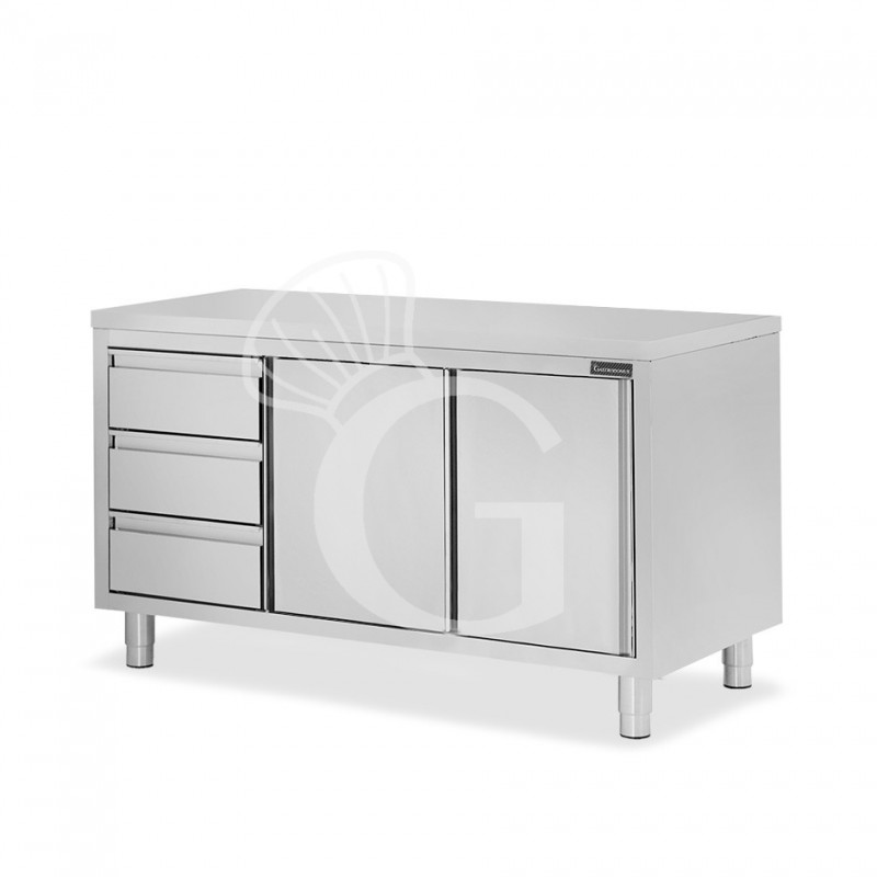 Schranktisch aus Edelstahl 2 Schiebetüren 3 Schubladen links B 1700 mm x T 600 mm x H 850 mm
