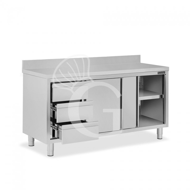 Schranktisch aus Edelstahl 2 Schiebetüren 3 Schubladen links Aufsatz B 1800 mm x T 700 mm x H 950 mm