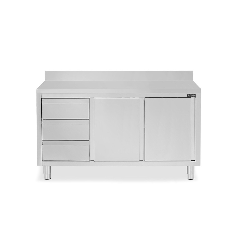 Schranktisch aus Edelstahl 2 Schiebetüren 3 Schubladen links Aufsatz B 1800 mm x T 700 mm x H 950 mm
