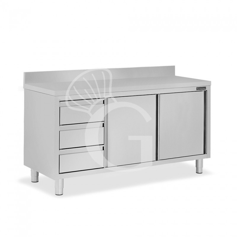 Schranktisch aus Edelstahl 2 Schiebetüren 3 Schubladen links Aufsatz B 1800 mm x T 600 mm x H 950 mm