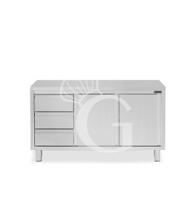 Schranktisch aus Edelstahl 2 Schiebetüren 3 Schubladen links B 1800 mm x T 700 mm x H 850 mm