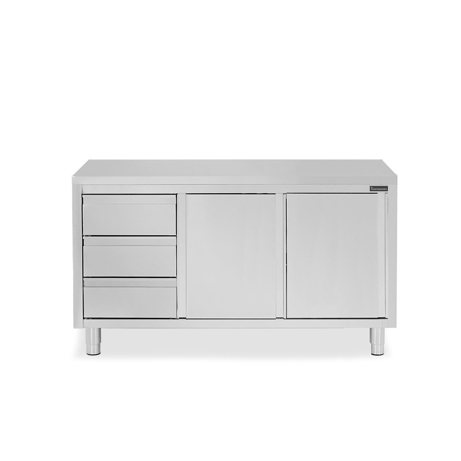 Schranktisch aus Edelstahl 2 Schiebetüren 3 Schubladen links B 1800 mm x T 600 mm x H 850 mm