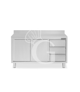 Schranktisch aus Edelstahl 2 Schiebetüren 3 Schubladen rechts Aufsatz B 1800 mm x T 700 mm x H 950 mm