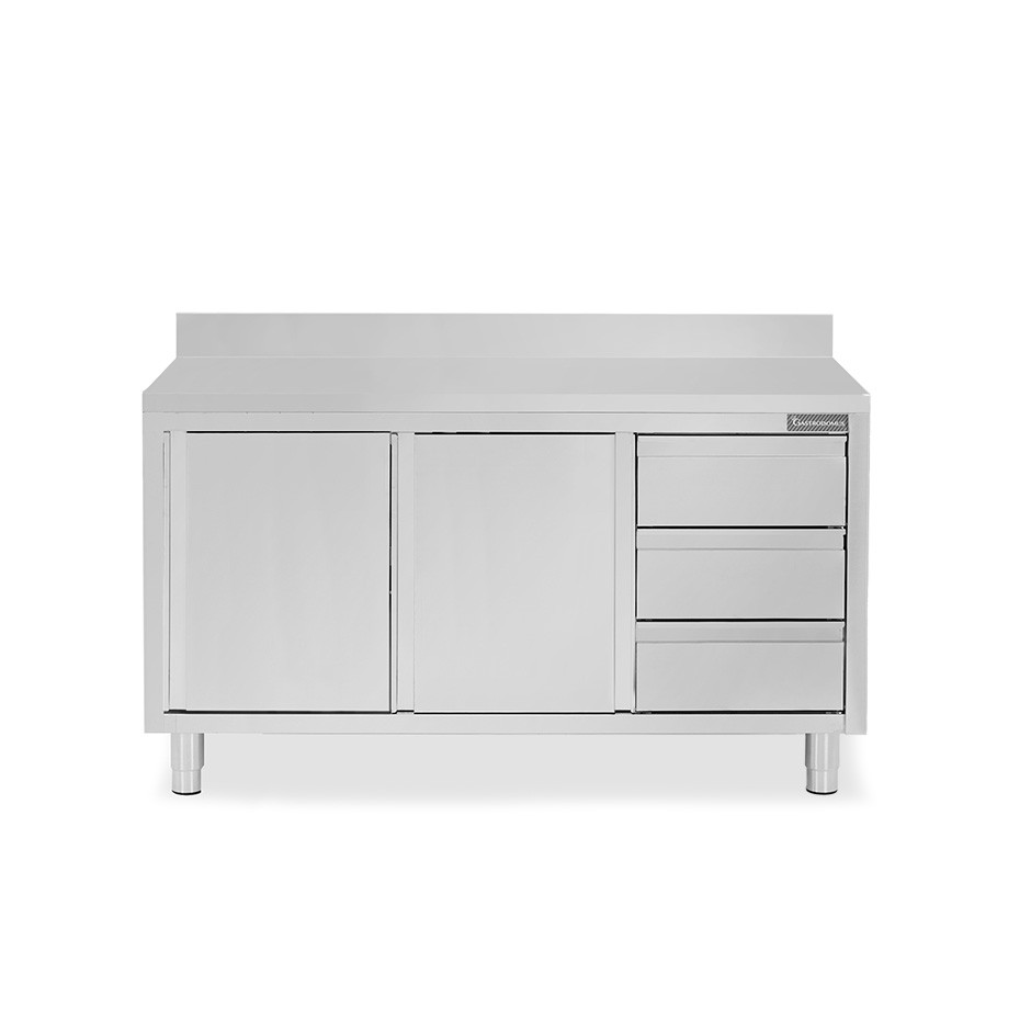 Schranktisch aus Edelstahl 2 Schiebetüren 3 Schubladen rechts Aufsatz B 1800 mm x T 600 mm x H 950 mm