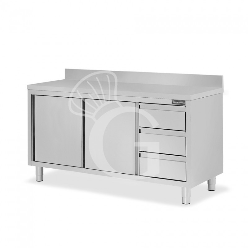 Schranktisch aus Edelstahl 2 Schiebetüren 3 Schubladen rechts Aufsatz B 1800 mm x T 600 mm x H 950 mm