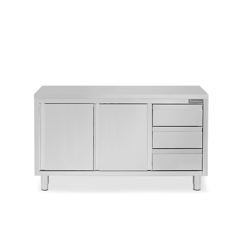 Schranktisch aus Edelstahl 2 Schiebetüren 3 Schubladen rechts B 1800 mm x T 700 mm x H 850 mm