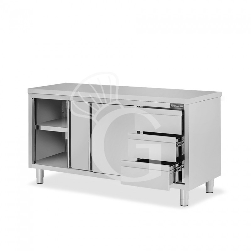 Schranktisch aus Edelstahl 2 Schiebetüren 3 Schubladen rechts B 1800 mm x T 600 mm x H 850 mm