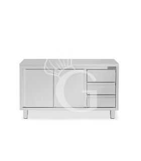 Schranktisch aus Edelstahl 2 Schiebetüren 3 Schubladen rechts B 1800 mm x T 600 mm x H 850 mm