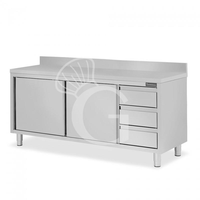 Schranktisch aus Edelstahl 2 Schiebetüren 3 Schubladen rechts Aufsatz B 1900 mm x T 700 mm x H 950 mm