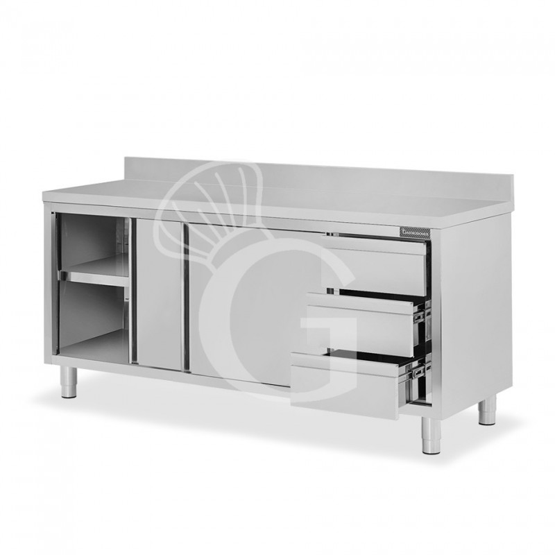 Schranktisch aus Edelstahl 2 Schiebetüren 3 Schubladen rechts Aufsatz B 1900 mm x T 600 mm x H 950 mm