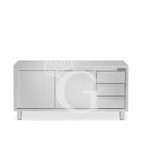 Schranktisch aus Edelstahl 2 Schiebetüren 3 Schubladen rechts B 1900 mm x T 700 mm x H 850 mm
