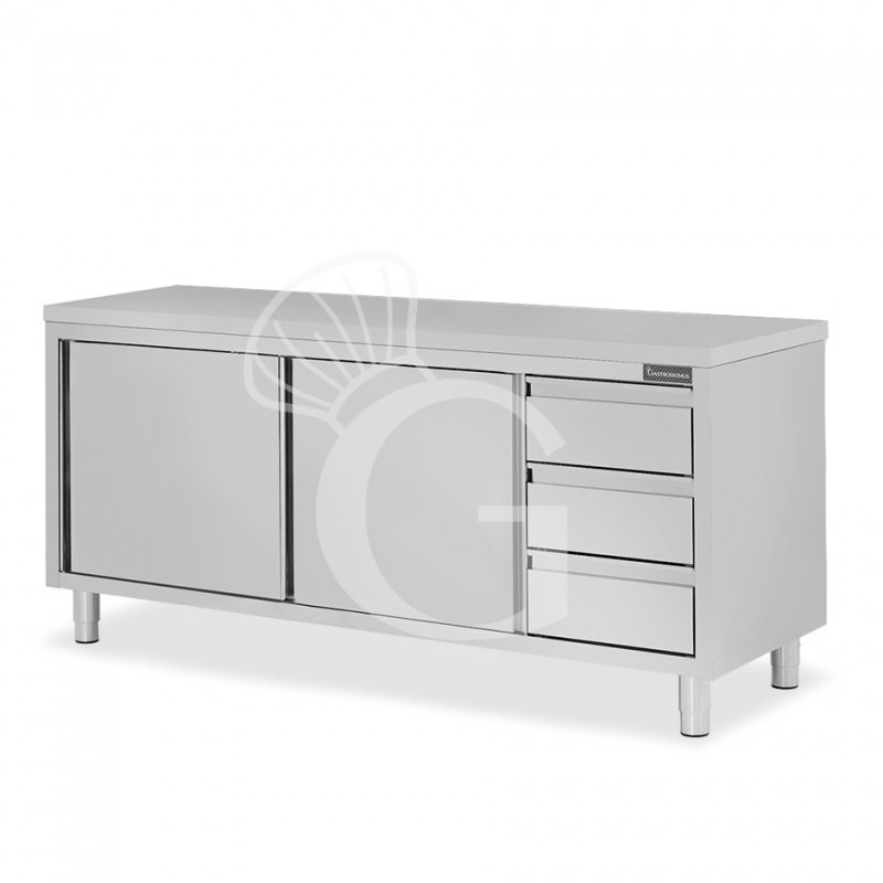 Schranktisch aus Edelstahl 2 Schiebetüren 3 Schubladen rechts B 1900 mm x T 600 mm x H 850 mm