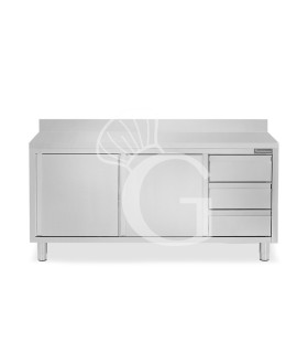 Schranktisch aus Edelstahl 2 Schiebetüren 3 Schubladen rechts Aufsatz B 2000 mm x T 600 mm x H 950 mm