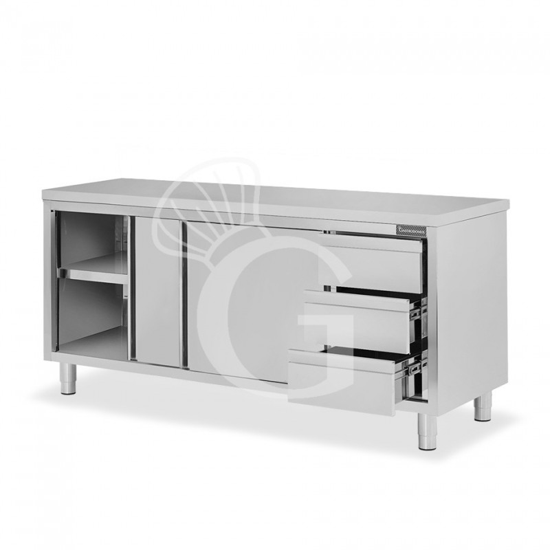 Schranktisch aus Edelstahl 2 Schiebetüren 3 Schubladen rechts B 2000 mm x T 600 mm x H 850 mm