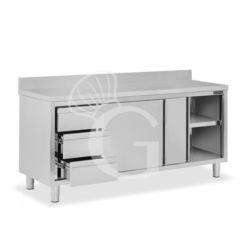 Schranktisch aus Edelstahl 2 Schiebetüren 3 Schubladen links Aufsatz B 1900 mm x T 600 mm x H 950 mm