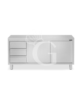 Schranktisch aus Edelstahl 2 Schiebetüren 3 Schubladen links B 1900 mm x T 600 mm x H 850 mm