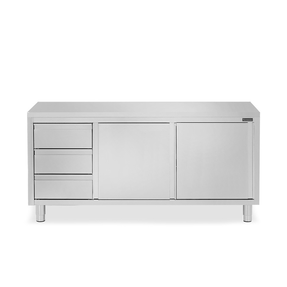 Schranktisch aus Edelstahl 2 Schiebetüren 3 Schubladen links B 1900 mm x T 600 mm x H 850 mm