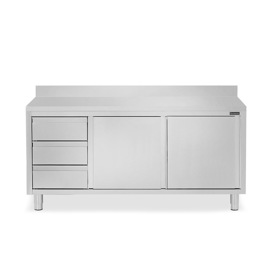 Schranktisch aus Edelstahl 2 Schiebetüren 3 Schubladen links Aufsatz B 2000 mm x T 600 mm x H 950 mm