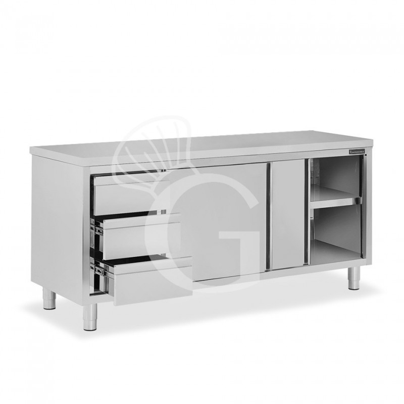 Tavolo armadiato, 2 porte scorrevoli, 3 cassetti sul lato sinistro, L 2000 mm x P 700 mm x H 850 mm