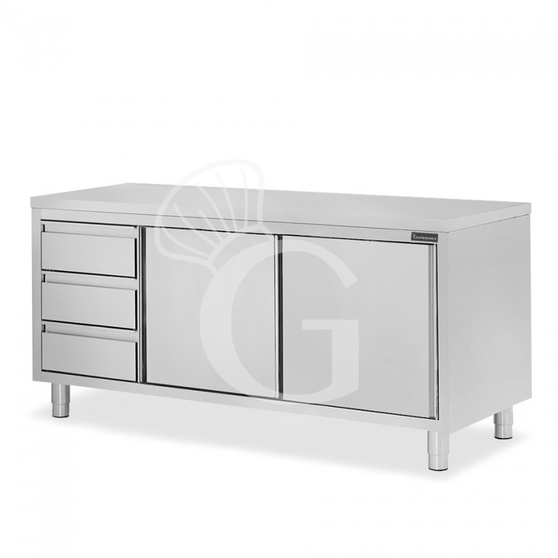 Schranktisch aus Edelstahl 2 Schiebetüren 3 Schubladen links B 2000 mm x T 600 mm x H 850 mm
