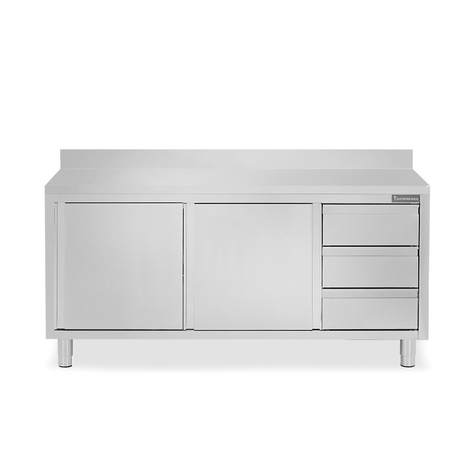 Schranktisch aus Edelstahl 2 Schiebetüren 3 Schubladen rechts Aufsatz B 2100 mm x T 700 mm x H 950 mm