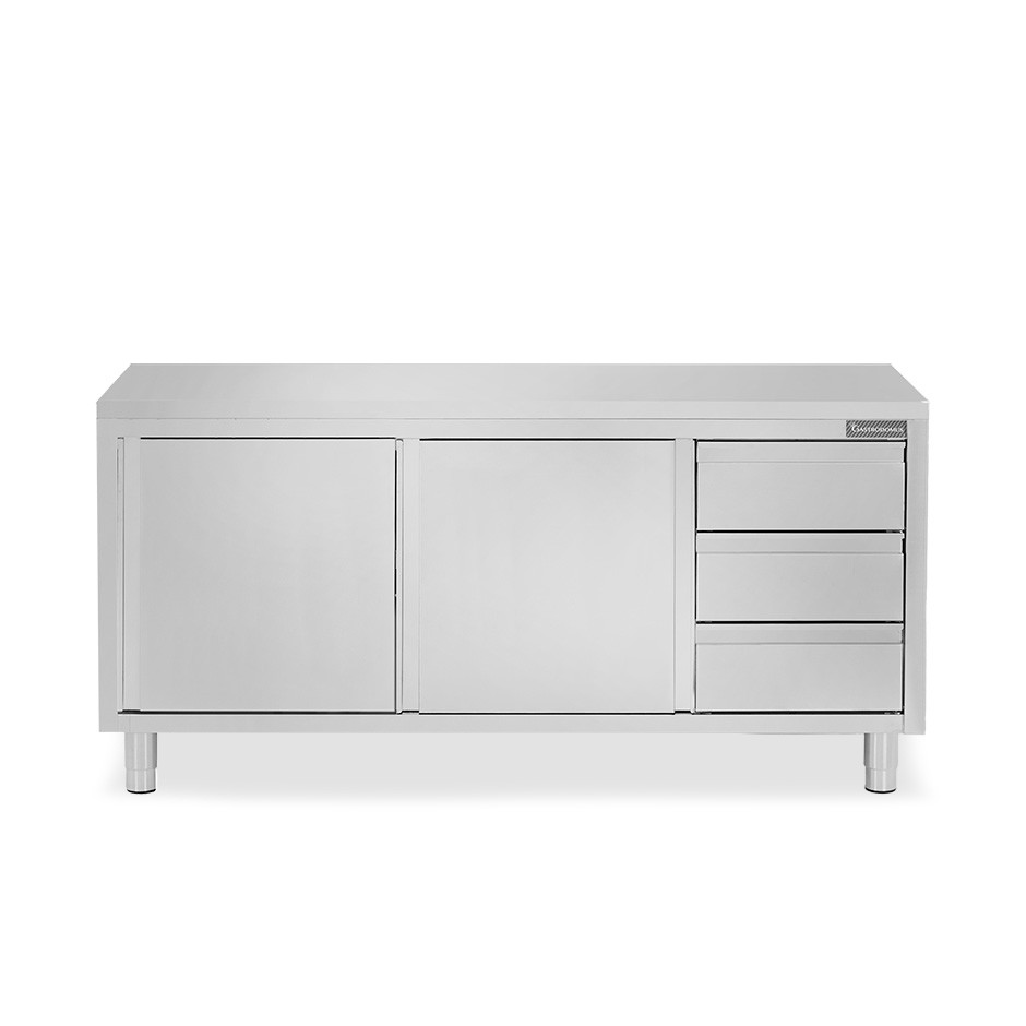 Schranktisch aus Edelstahl 2 Schiebetüren 3 Schubladen rechts B 2100 mm x T 600 mm x H 850 mm