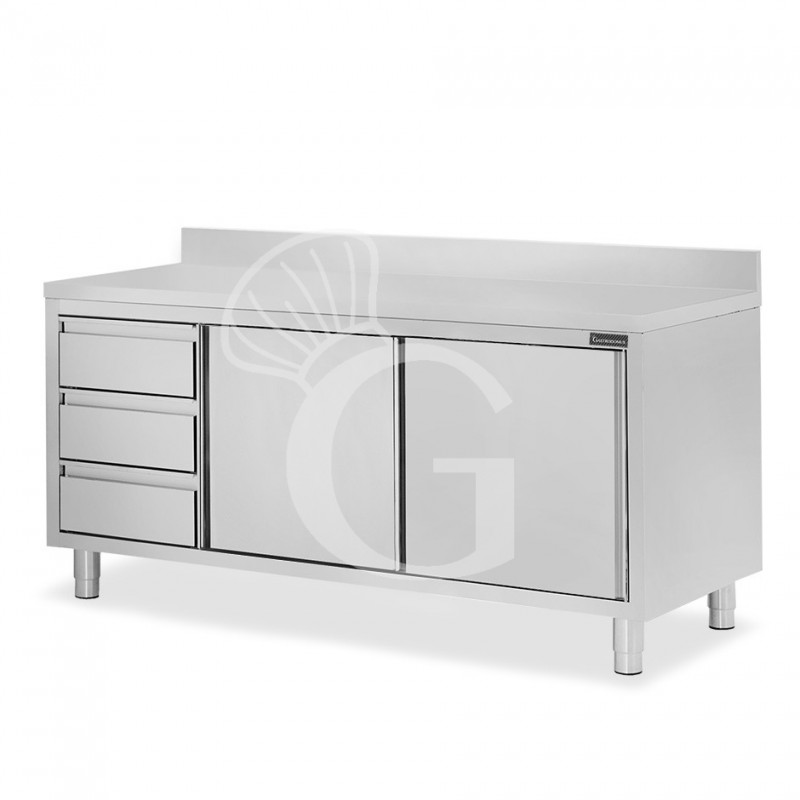 Schranktisch aus Edelstahl 2 Schiebetüren 3 Schubladen links Aufsatz B 2100 mm x T 700 mm x H 950 mm