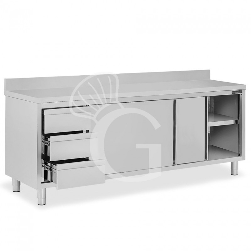 Schranktisch aus Edelstahl 2 Schiebetüren 3 Schubladen links Aufsatz B 2200 mm x T 700 mm x H 950 mm