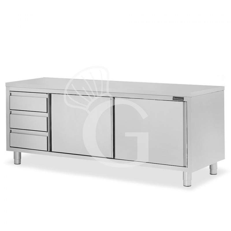 Schranktisch aus Edelstahl 2 Schiebetüren 3 Schubladen links B 2200 mm x T 700 mm x H 850 mm