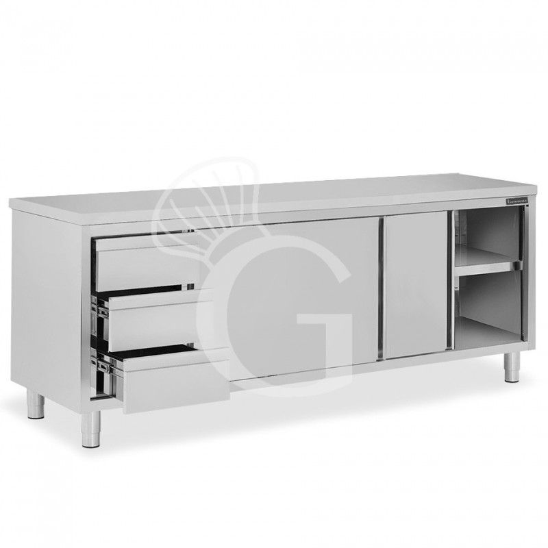 Schranktisch aus Edelstahl 2 Schiebetüren 3 Schubladen links B 2200 mm x T 700 mm x H 850 mm