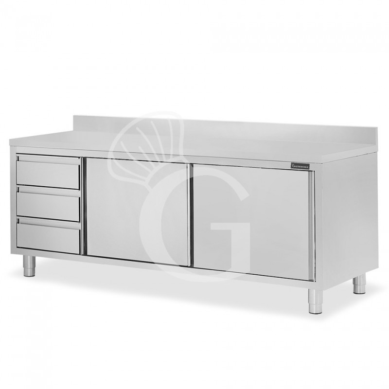 Schranktisch aus Edelstahl 2 Schiebetüren 3 Schubladen links Aufsatz B 2300 mm x T 600 mm x H 950 mm