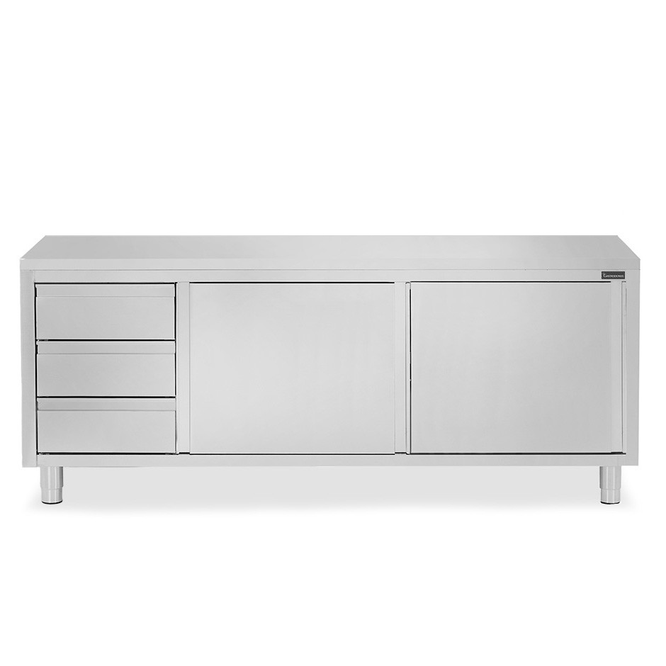 Schranktisch aus Edelstahl 2 Schiebetüren 3 Schubladen links B 2300 mm x T 600 mm x H 850 mm