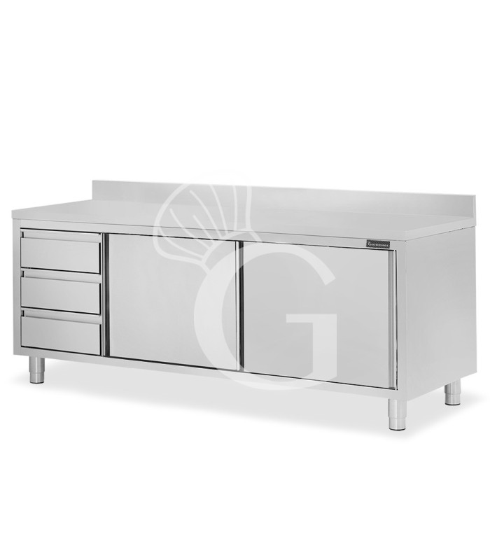 Schranktisch aus Edelstahl 2 Schiebetüren 3 Schubladen links Aufsatz B 2400 mm x T 700 mm x H 950 mm