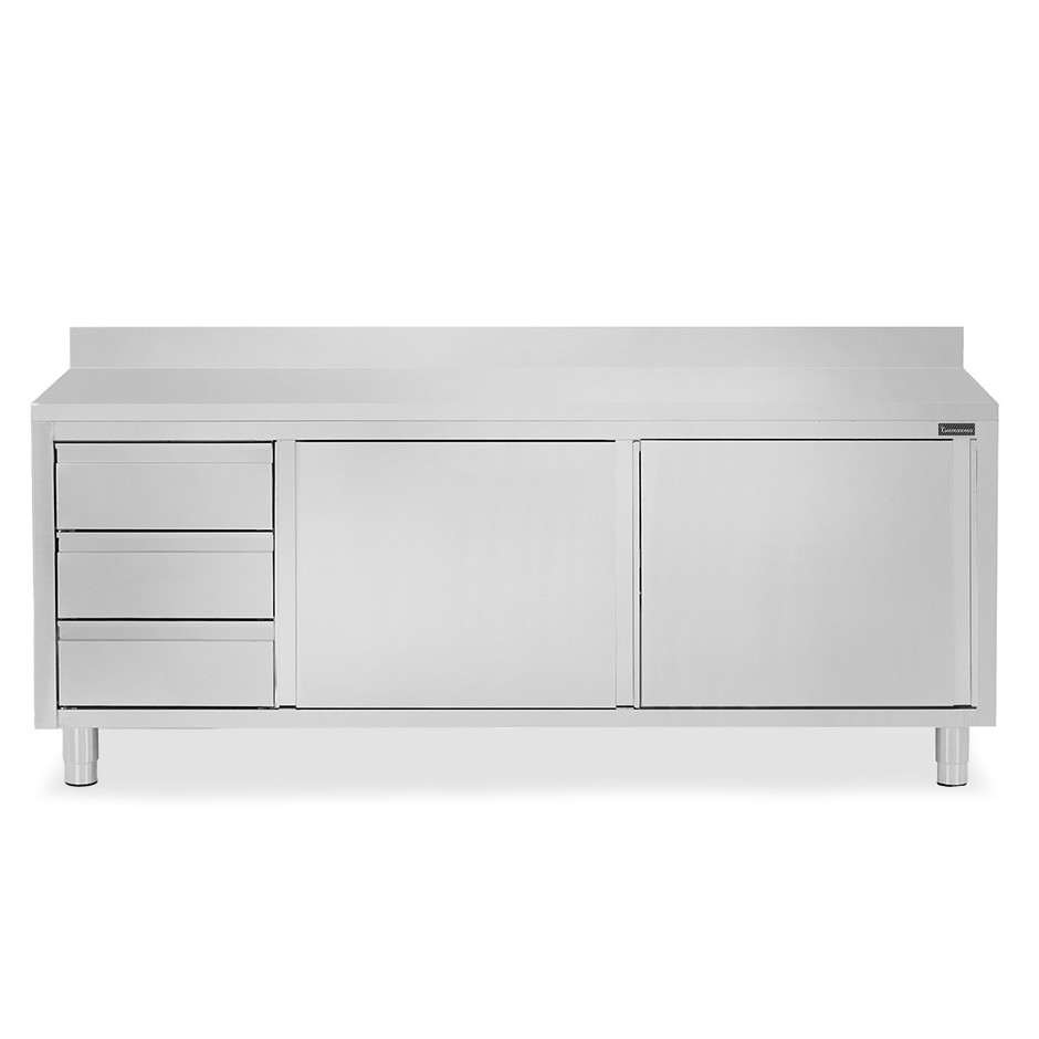 Schranktisch aus Edelstahl 2 Schiebetüren 3 Schubladen links Aufstaz B 2400 mm x T 600 mm x H 950 mm