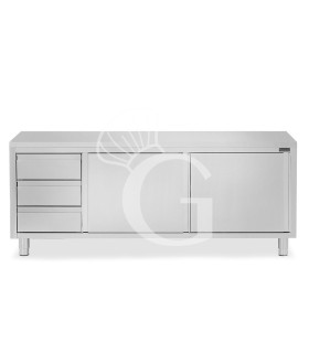 Schranktisch aus Edelstahl 2 Schiebetüren 3 Schubladen links B 2400 mm x T 600 mm x H 850 mm