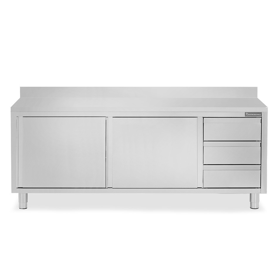 Schranktisch aus Edelstahl 2 Schiebetüren 3 Schubladen rechts Aufsatz B 2200 mm x T 600 mm x H 950 mm