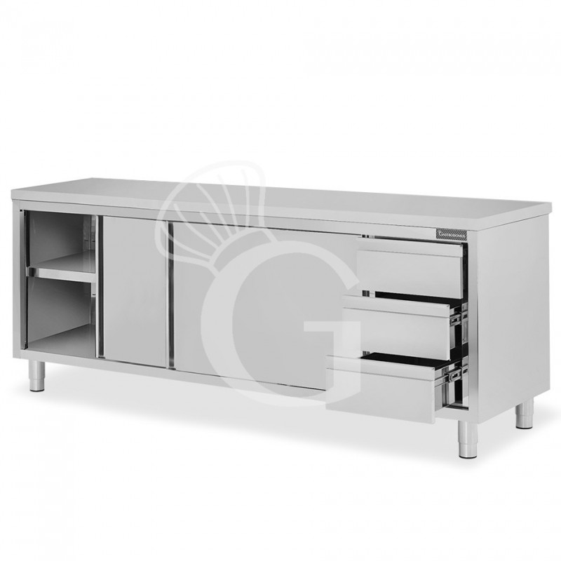 Schranktisch aus Edelstahl 2 Schiebetüren 3 Schubladen rechts B 2200 mm x T 700 mm x H 850 mm