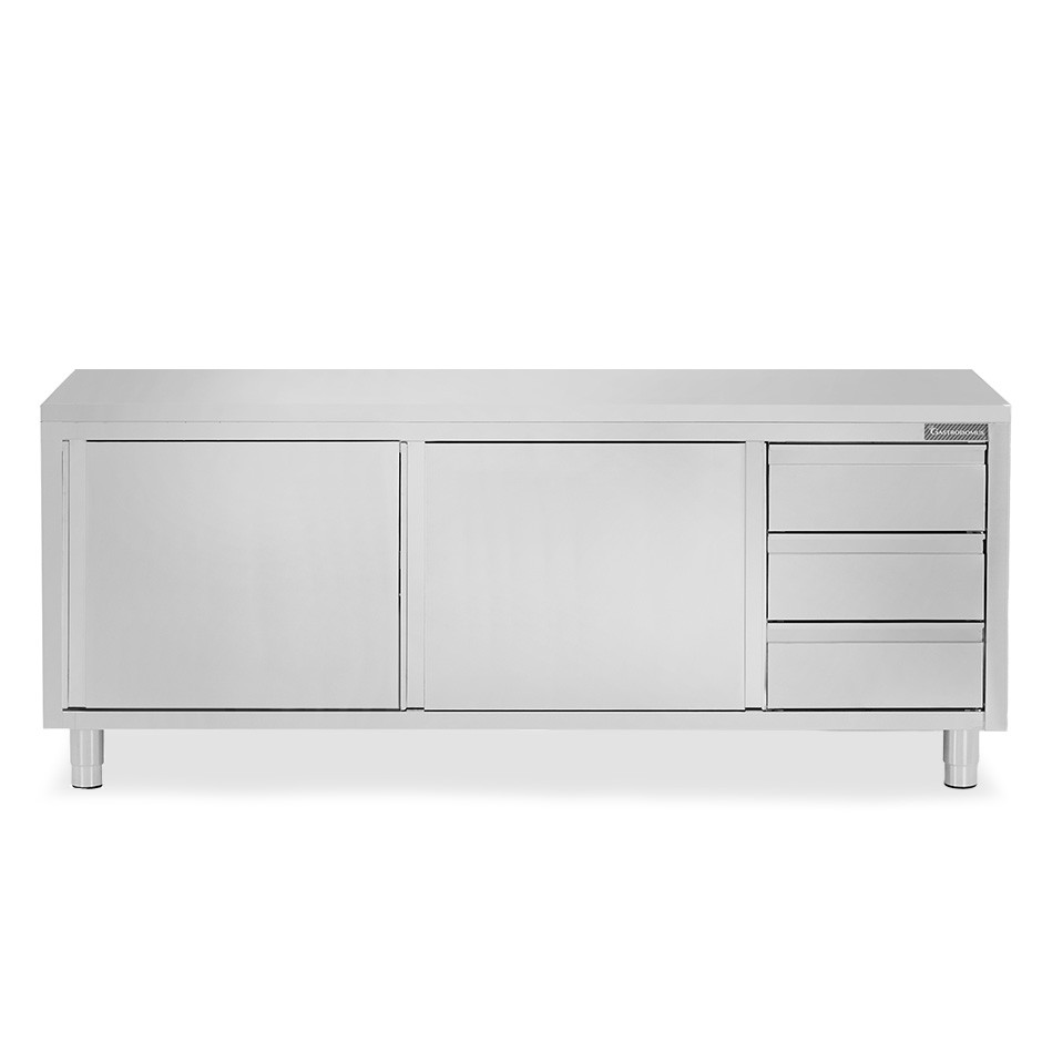 Schranktisch aus Edelstahl 2 Schiebetüren 3 Schubladen rechts B 2200 mm x T 600 mm x H 850 mm