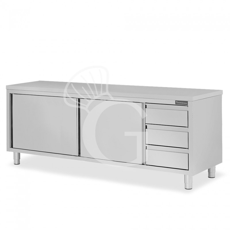 Schranktisch aus Edelstahl 2 Schiebetüren 3 Schubladen rechts B 2200 mm x T 600 mm x H 850 mm