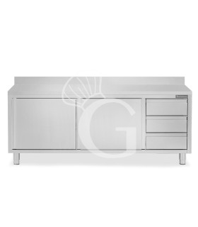 Schranktisch aus Edelstahl 2 Schiebetüren 3 Schubladen rechts Aufsatz B 2300 mm x T 700 mm x H 950 mm