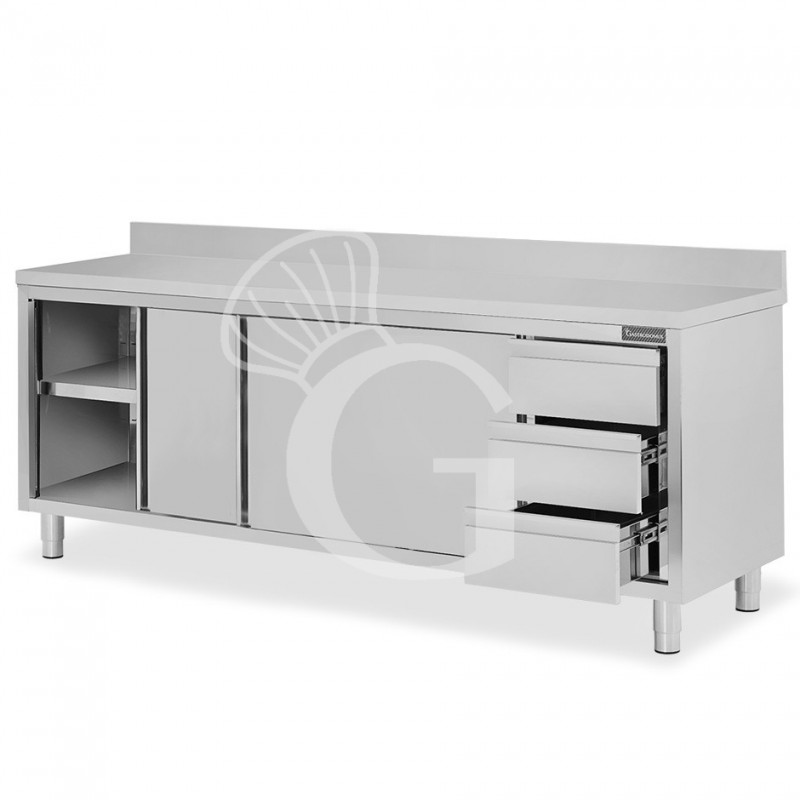 Schranktisch aus Edelstahl 2 Schiebetüren 3 Schubladen rechts Aufsatz B 2300 mm x T 600 mm x H 950 mm