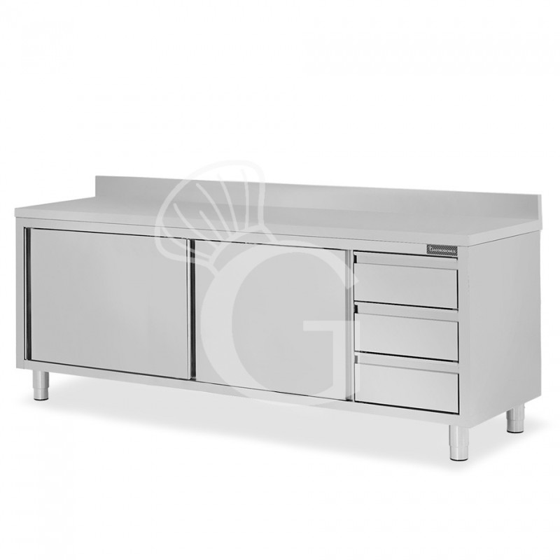 Schranktisch aus Edelstahl 2 Schiebetüren 3 Schubladen rechts Aufsatz B 2400 mm x T 700 mm x H 950 mm