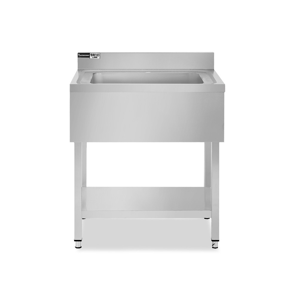 Spültisch, Edelstahl, 1 Becken, Grundboden, Aufkantung, Hahnloch Ø 32 mm, B 800 mm x T 600 mm x H 965 mm