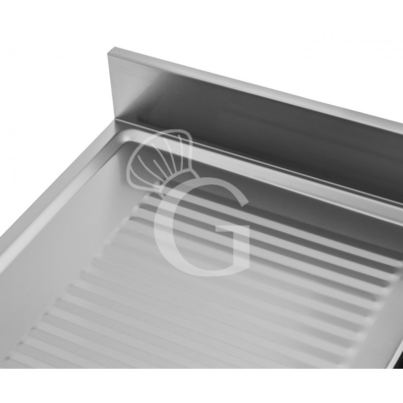 Spültisch, Edelstahl, Grundboden, Aufkantung, 2 Becken, Abtropffläche links, Hahnloch (Ø 32 mm), B 1400 mm x T 700 mm x H 965 mm