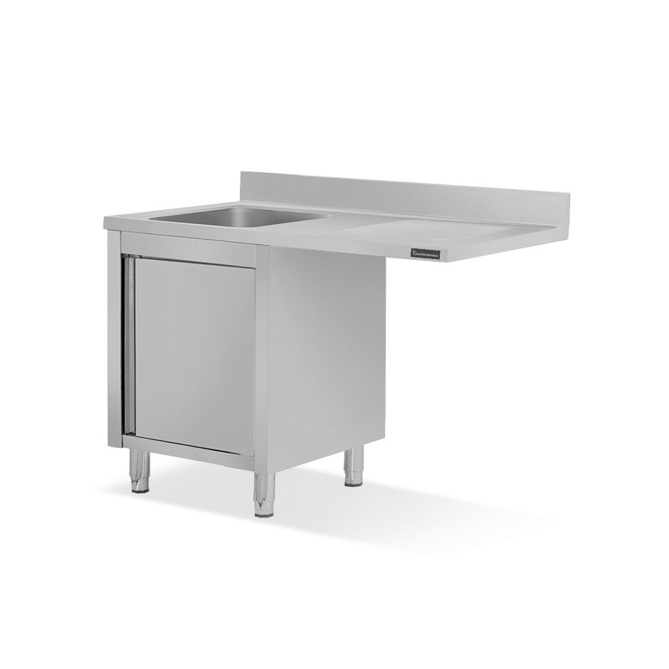 Spülmaschinen Spülschrank, Edelstahl, 1 Becken, Abtropffläche rechts, Flügeltüren,  B 1400 mm x T 700 mm x H 950 mm