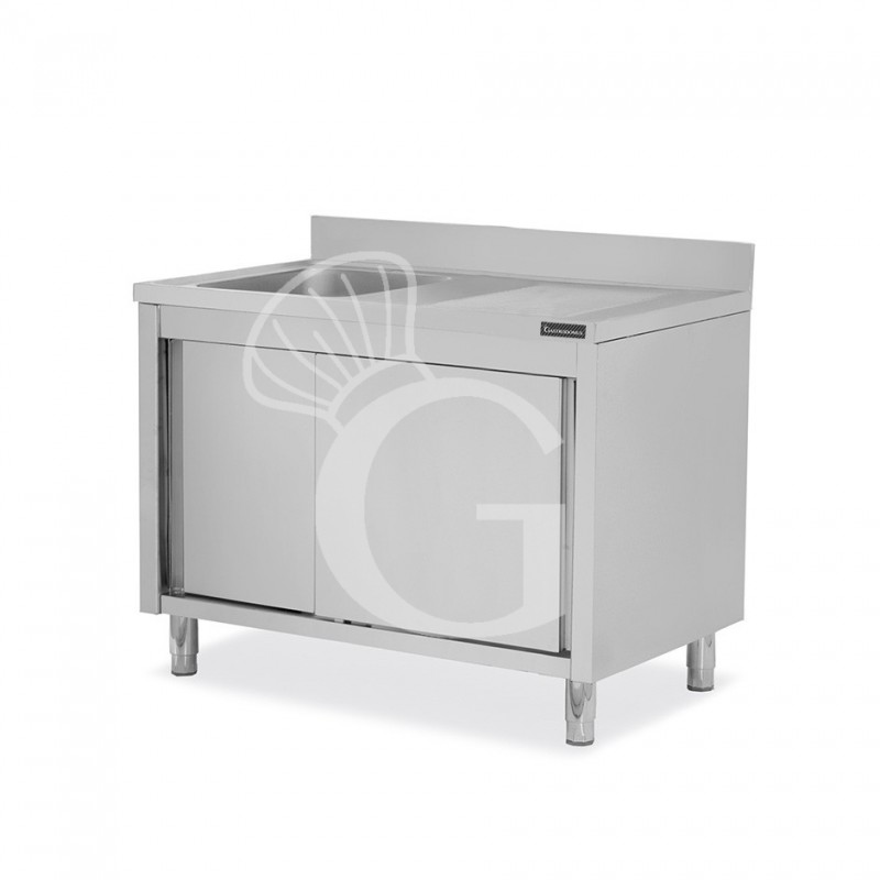 Spülschrank, Edelstahl, Abtropffläche rechts, Schiebetüren, 1 Becken, Aufkantung, B 1500 mm x T 700 mm x H 950 mm