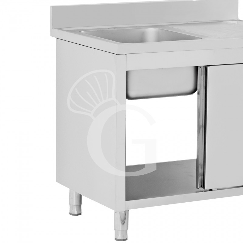 Spülschrank, Edelstahl, Abtropffläche rechts, Schiebetüren, 1 Becken, Aufkantung, B 1500 mm x T 700 mm x H 950 mm